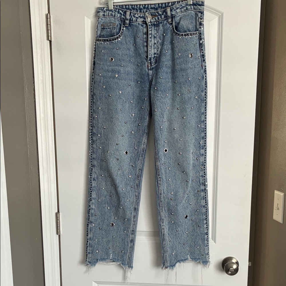 Stud-Embellished Light Blue Straight Leg Jeans